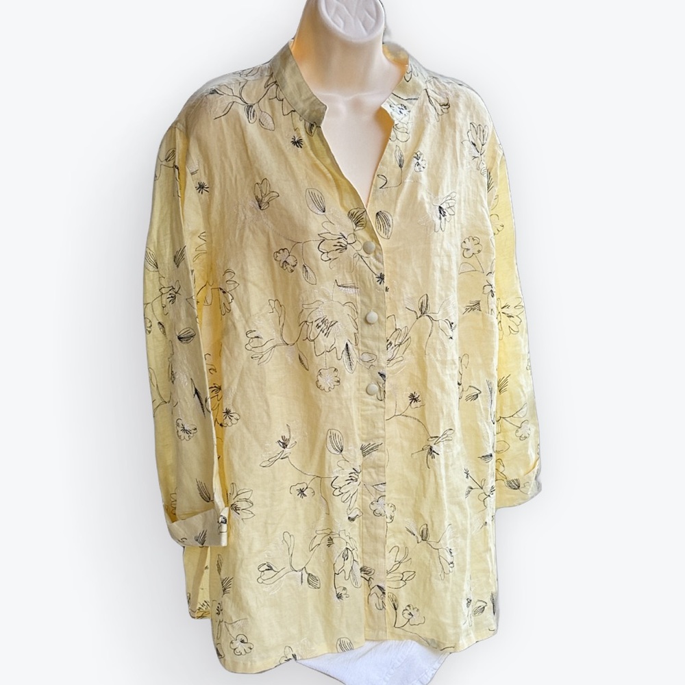 Boho French Girl Linen Lagenlook Artsy Pale Yellow Floral Embroidery Blouse ~ 1X
